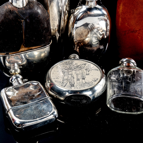 241 - A collection of hip flasks and spirit flasks, including some silver