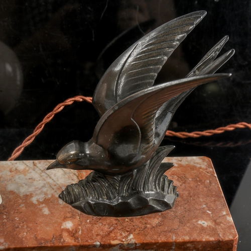 249 - French Art Deco bird lamp, circa 1920, surmounted by a bronze patinated bird, with mottled pink glas... 