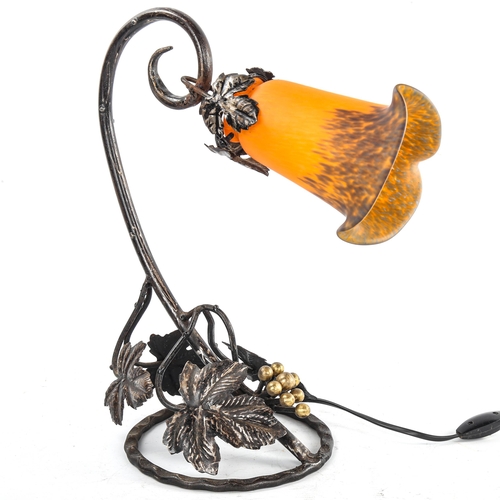 251 - French wrought-iron and gilt vine leaf design table lamp, with pate de verre shade by Vianne, height... 