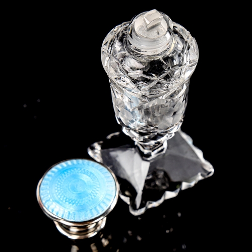 258 - A cut-glass silver and blue enamel topped perfume bottle, Birmingham 1929, height 9.5cm