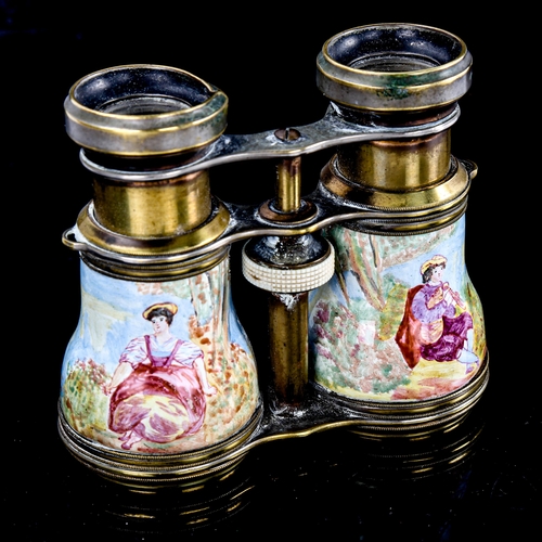 259 - A pair of brass and enamel opera glasses, hand painted romantic scenes