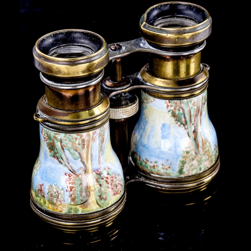 259 - A pair of brass and enamel opera glasses, hand painted romantic scenes