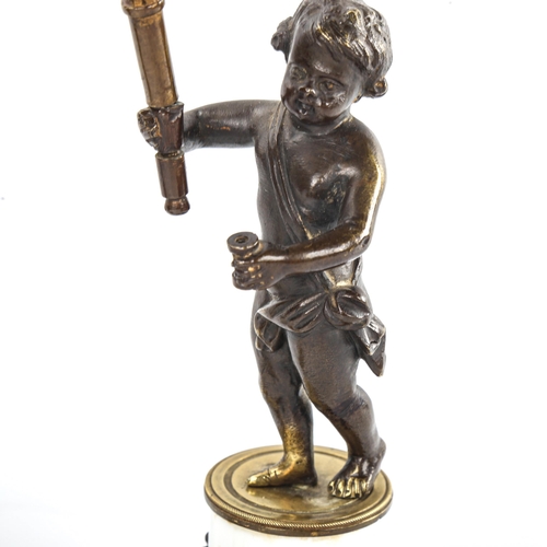 261 - A pair of French bronze and ceramic cherub design candle holders, height 30cm