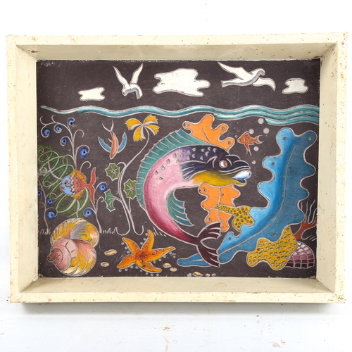 1372 - John Stanley, incised Welsh slate, Underwater, 1968, artist's label verso, image 23cm x 29cm, framed