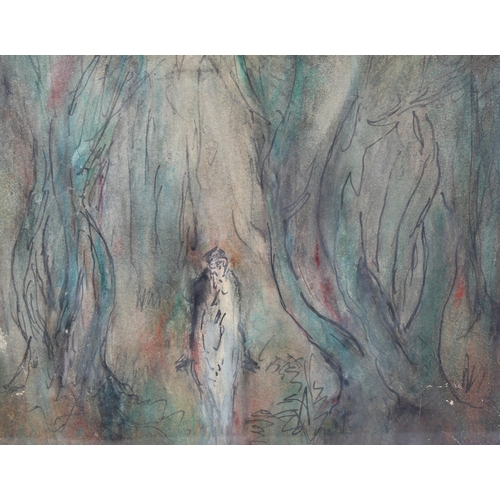 1373 - Mid-20th century watercolour, abstract figure in woodland, indistinctly signed, 28cm x 33cm, and ano... 