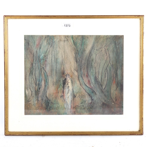 1373 - Mid-20th century watercolour, abstract figure in woodland, indistinctly signed, 28cm x 33cm, and ano... 