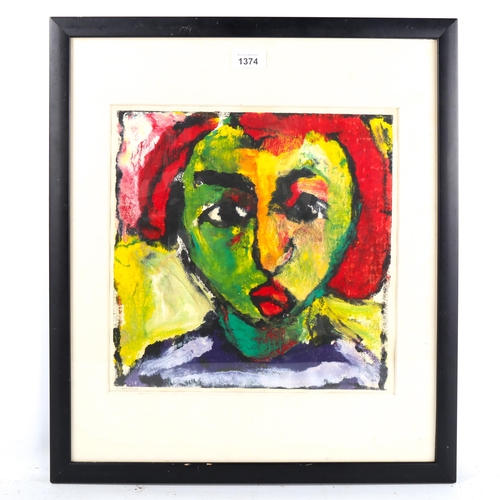 1374 - T Waugh, watercolour, abstract head, signed, 31cm x 30cm, framed