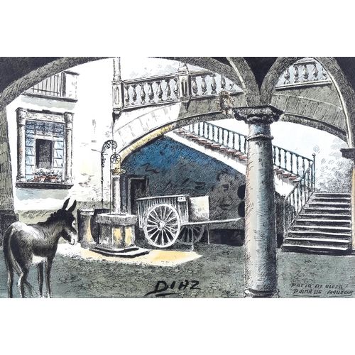 1375 - Diaz, ink and watercolour, courtyard in Majorca, signed, 28cm x 40cm, framed