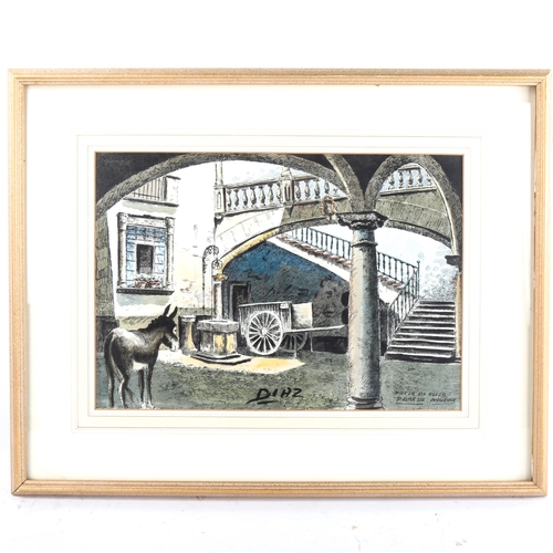 1375 - Diaz, ink and watercolour, courtyard in Majorca, signed, 28cm x 40cm, framed