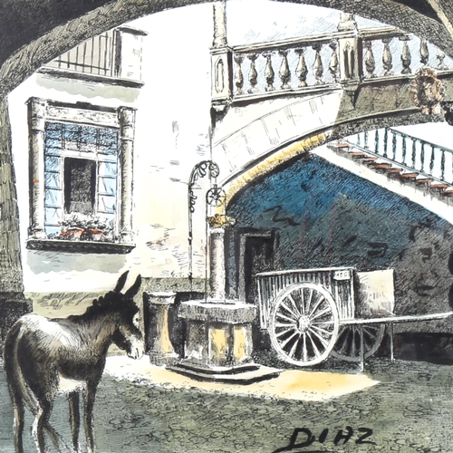 1375 - Diaz, ink and watercolour, courtyard in Majorca, signed, 28cm x 40cm, framed