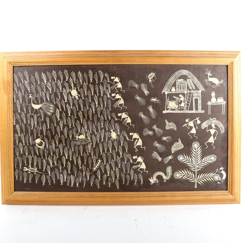 1379 - Jivya Soma Masha (Indian), oil on board, Tribal village scene, label verso, 42cm x 70cm, framed