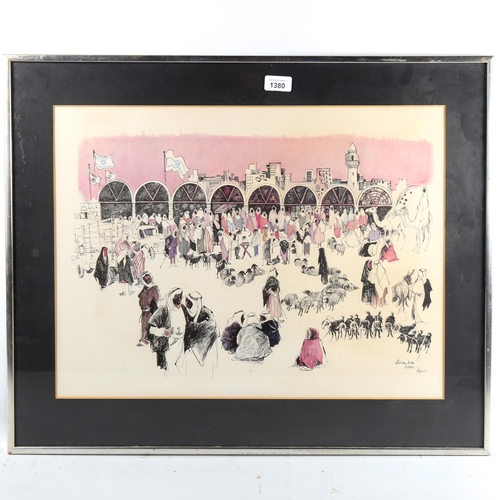 1380 - Papas, colour print, Israel market, 42cm x 55cm, framed