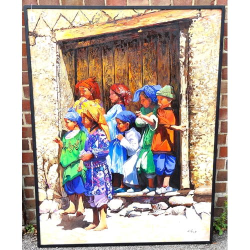 1381 - A large Moroccan oil on canvas, group of children on a doorstep, indistinctly signed, 130cm x 98cm, ... 