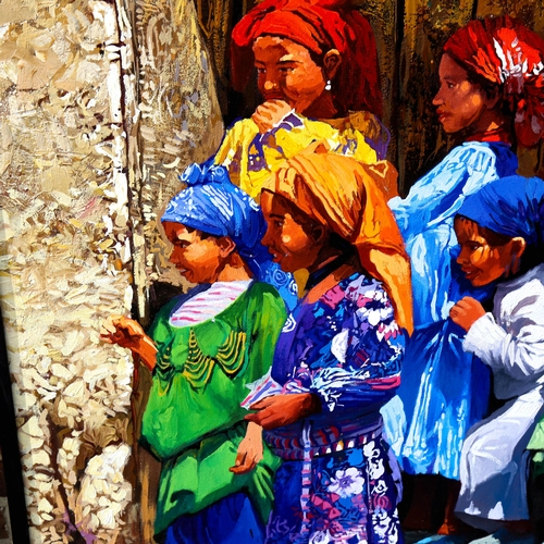 1381 - A large Moroccan oil on canvas, group of children on a doorstep, indistinctly signed, 130cm x 98cm, ... 