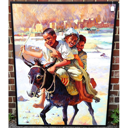 1382 - A large Moroccan oil on canvas, children on a donkey, indistinctly signed, 130cm x 98cm, framed