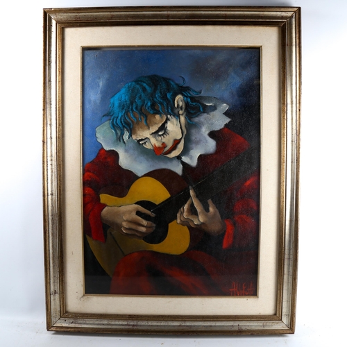 1384 - 20th century Italian School, oil on canvas, clown playing a guitar, indistinctly signed, 68cm x 48cm