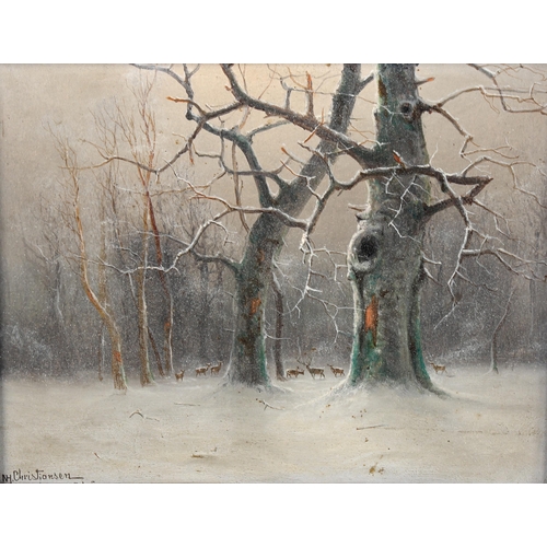 1387 - Nils Hans Christiansen, oil on board, deer in winter woodland, signed, 23cm x 29cm, framed