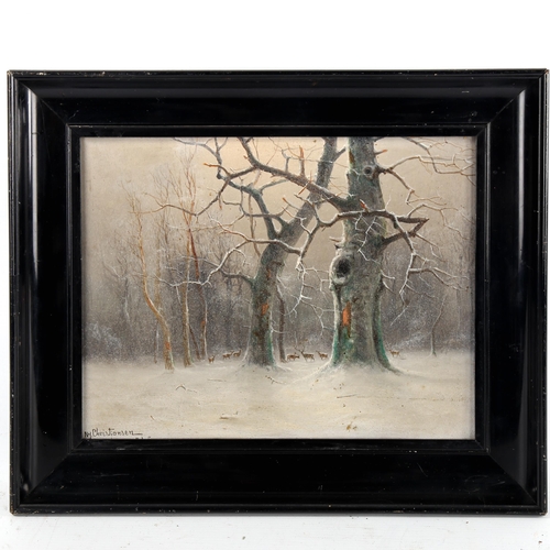 1387 - Nils Hans Christiansen, oil on board, deer in winter woodland, signed, 23cm x 29cm, framed