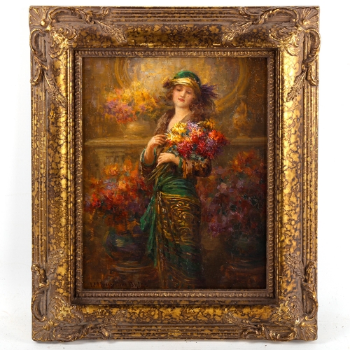 1388 - William Hounsome Byles, oil on board, society lady with flowers, signed, 24cm x 19cm, framed