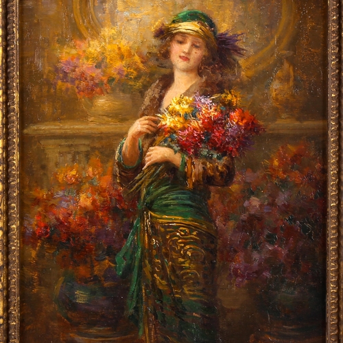 1388 - William Hounsome Byles, oil on board, society lady with flowers, signed, 24cm x 19cm, framed