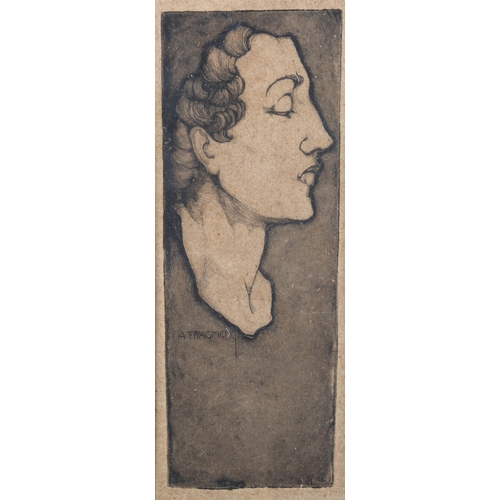 1390 - A Fragment, etching, thought to be depicting Vita Sackville West, image 18cm x 6.5cm, framed