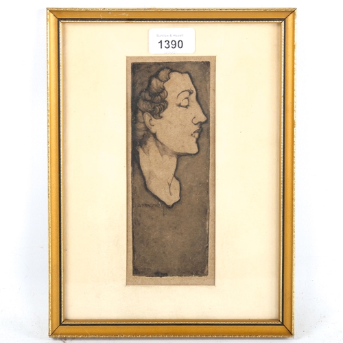 1390 - A Fragment, etching, thought to be depicting Vita Sackville West, image 18cm x 6.5cm, framed