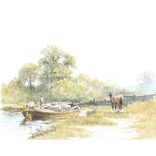 1392 - Christopher Jarvis, watercolour, waiting at the lock, signed, 23cm x 29cm, together with a print of ... 