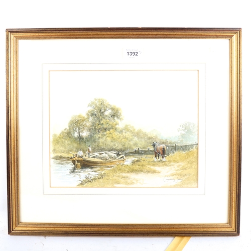 1392 - Christopher Jarvis, watercolour, waiting at the lock, signed, 23cm x 29cm, together with a print of ... 