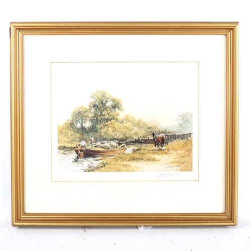 1392 - Christopher Jarvis, watercolour, waiting at the lock, signed, 23cm x 29cm, together with a print of ... 