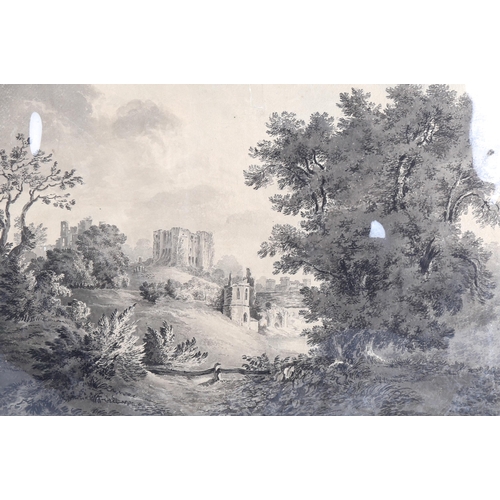 1396 - 19th century monochrome watercolour, castle ruins, unsigned, 35cm x 51cm, mounted