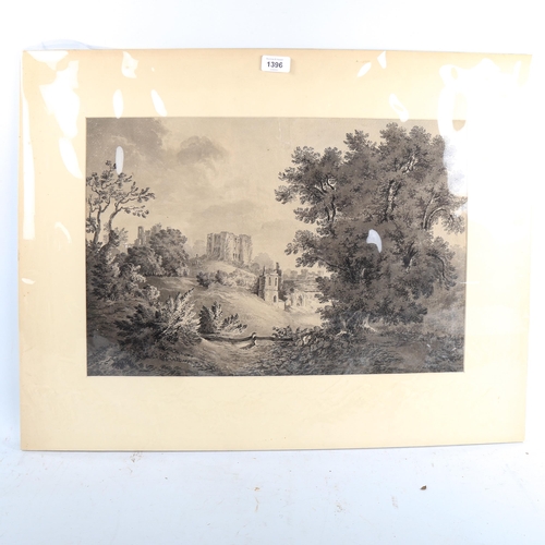 1396 - 19th century monochrome watercolour, castle ruins, unsigned, 35cm x 51cm, mounted