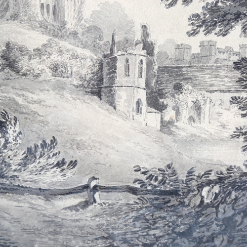 1396 - 19th century monochrome watercolour, castle ruins, unsigned, 35cm x 51cm, mounted