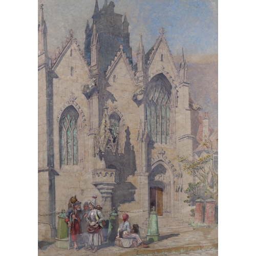 1397 - Alfred Charles Conrade (1863 - 1955), 19th century watercolour, figures outside a church, unsigned, ... 