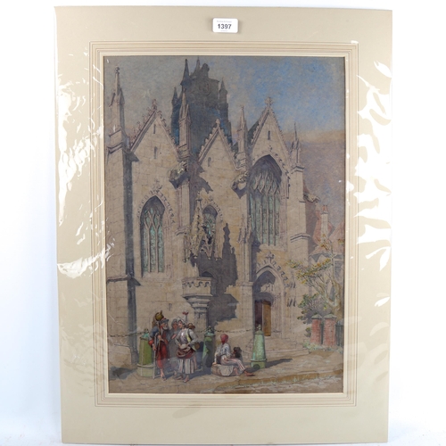 1397 - Alfred Charles Conrade (1863 - 1955), 19th century watercolour, figures outside a church, unsigned, ... 