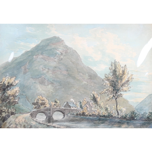 1399 - 19th century watercolour/pencil, cottages near a mountain, unsigned, 32cm x 46cm, mounted