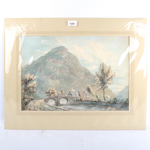 1399 - 19th century watercolour/pencil, cottages near a mountain, unsigned, 32cm x 46cm, mounted