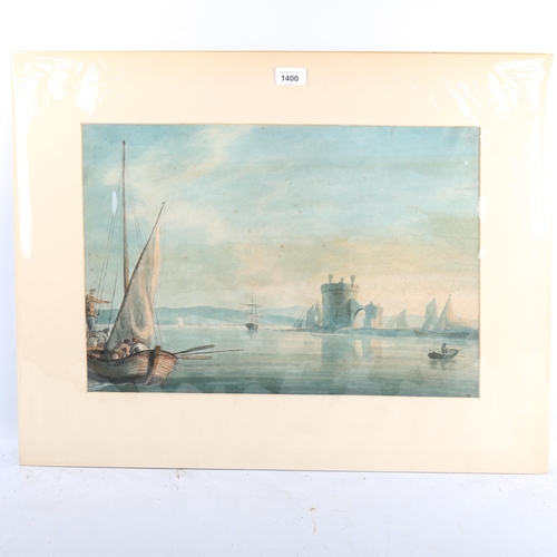 1400 - 19th century Italian School, watercolour, fishermen in a bay, unsigned, 33cm x 50cm, mounted