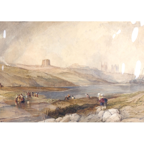 1402 - 19th century watercolour, figures on an estuary, unsigned, 34cm x 49cm, mounted