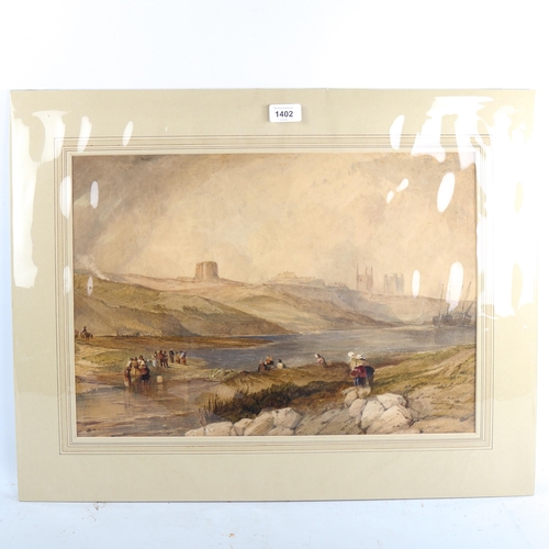 1402 - 19th century watercolour, figures on an estuary, unsigned, 34cm x 49cm, mounted