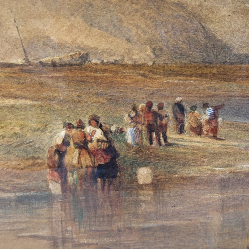 1402 - 19th century watercolour, figures on an estuary, unsigned, 34cm x 49cm, mounted