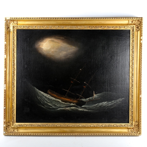 1408 - 18th/19th century oil on canvas, shipwreck in a storm, unsigned, 63cm x 76cm, framed