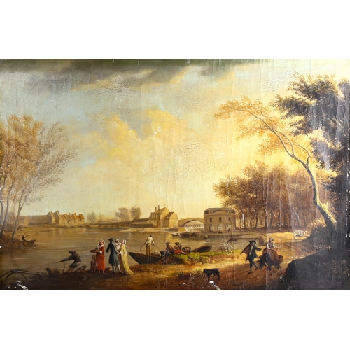 1410 - Unstretched oil on canvas, 18th century river scene, unsigned, 60cm x 90cm, loosely framed, A/F