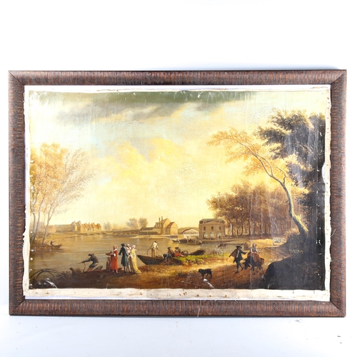 1410 - Unstretched oil on canvas, 18th century river scene, unsigned, 60cm x 90cm, loosely framed, A/F