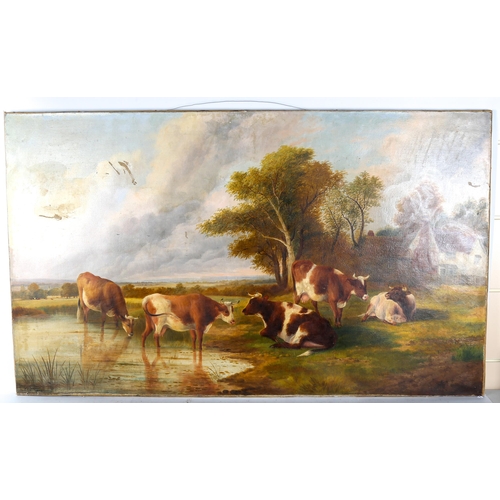 1411 - Manner of Thomas Sidney Cooper, large oil on canvas, cattle on a riverbank, bears signature and date... 