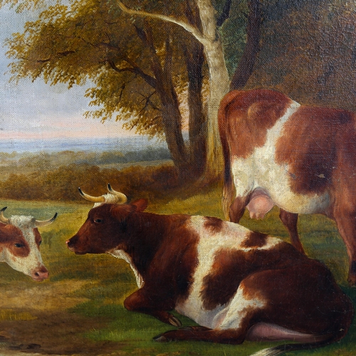 1411 - Manner of Thomas Sidney Cooper, large oil on canvas, cattle on a riverbank, bears signature and date... 