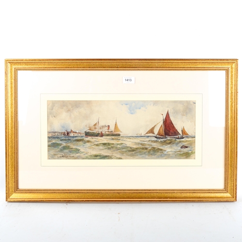 1413 - Ernest Railton, watercolour, Picking Up The Pilot, signed and dated 1909, 19cm x 48cm, framed