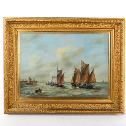 1414 - Max Parsons, oil on board, Lowestoft fishing fleet, signed, 33cm x 46cm, framed