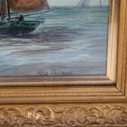 1414 - Max Parsons, oil on board, Lowestoft fishing fleet, signed, 33cm x 46cm, framed