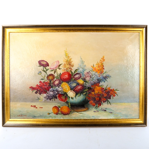 1415 - E B Bland, oil on canvas, still life, signed, 50cm x 75cm, framed