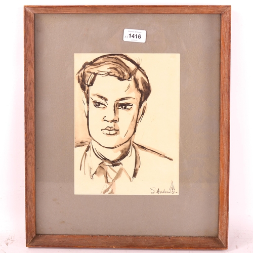 1416 - S Andrews, 2 ink and watercolour portraits, signed, 25cm x 18cm, framed